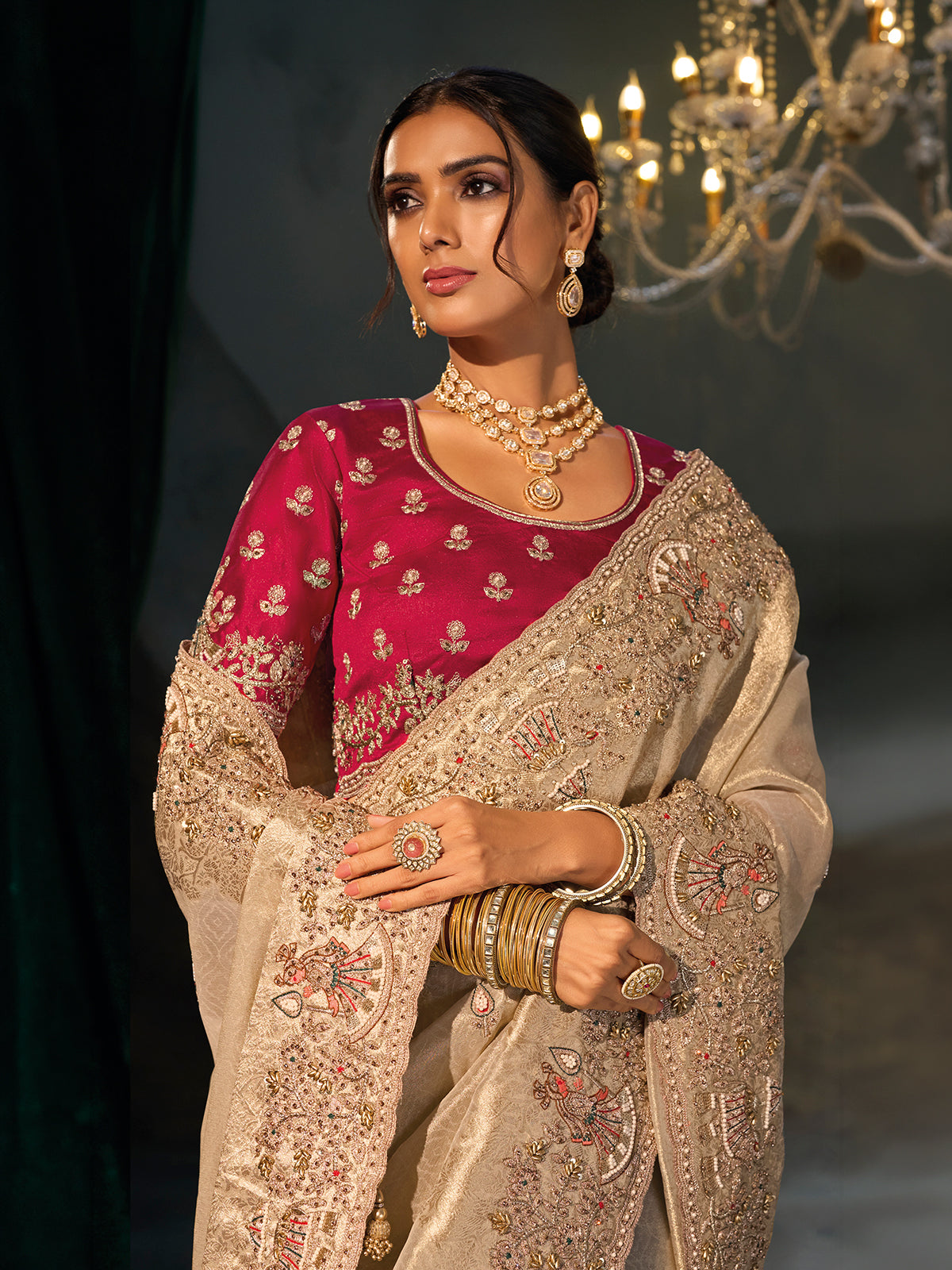 Beige kanjivaram women saree with red blouse