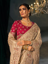 Beige kanjivaram women saree with red blouse