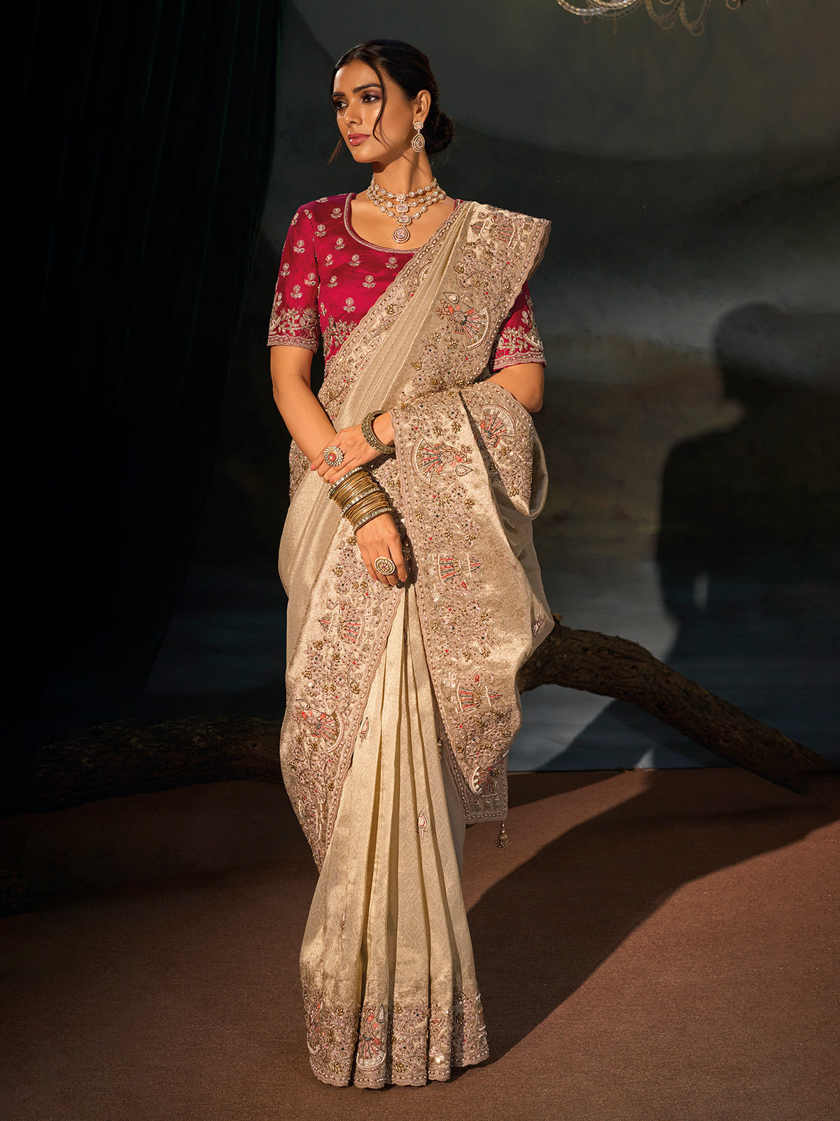 Beige kanjivaram women saree with red blouse