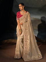 Beige kanjivaram women saree with red blouse