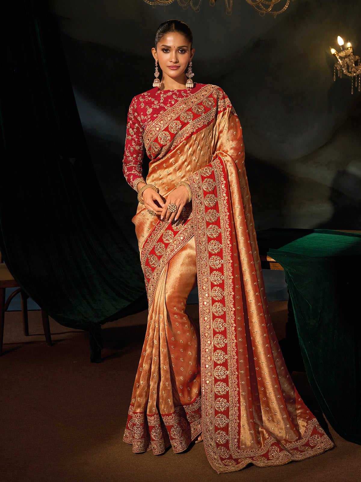 Golden silk women saree with maroon blouse