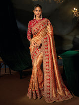 Golden silk women saree with maroon blouse