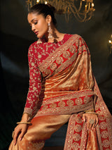 Golden silk women saree with maroon blouse