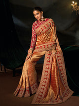 Golden silk women saree with maroon blouse