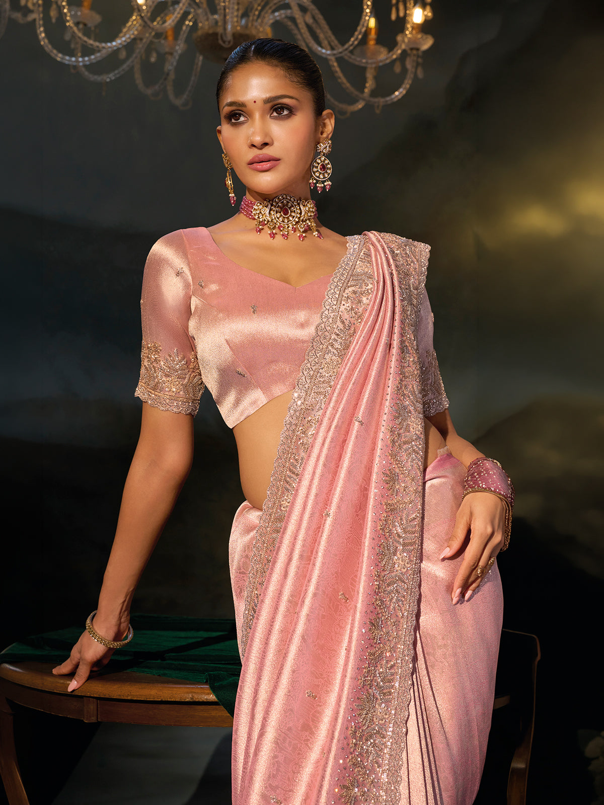 Light pink madhurai silk women saree with zari