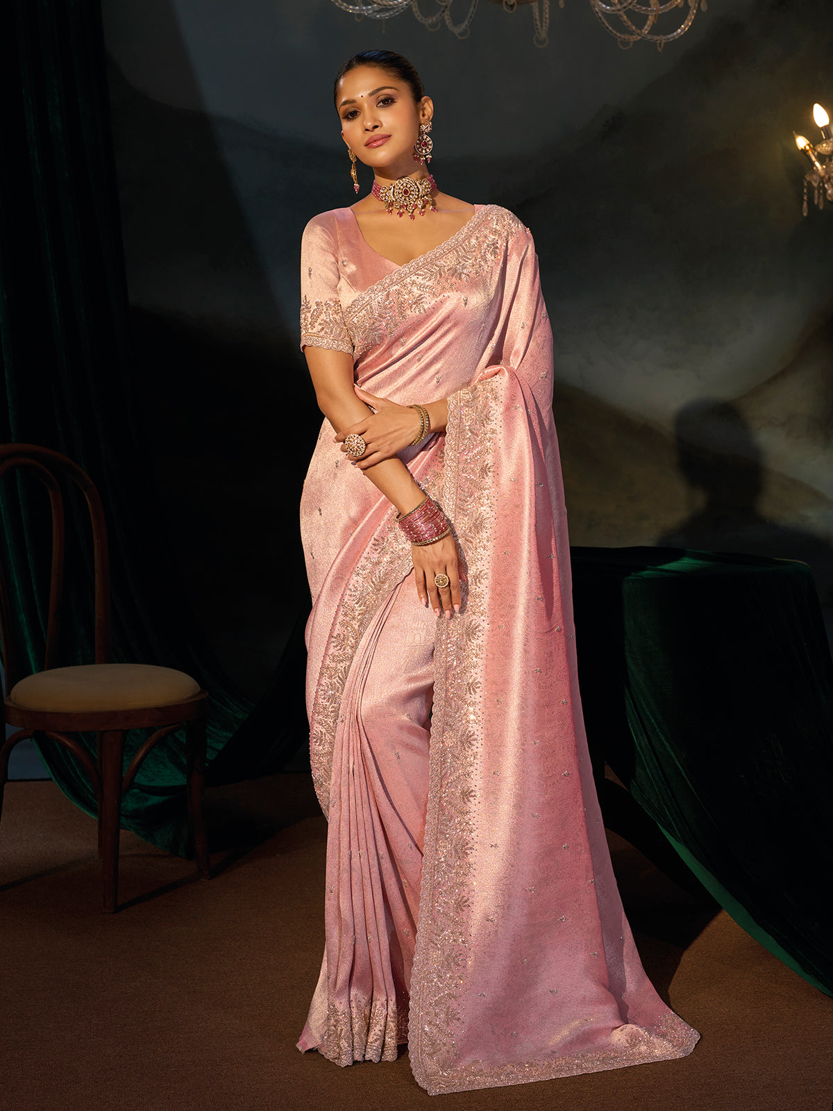 Light pink madhurai silk women saree with zari