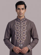 Dusty purple linen men embroidered kurta suit