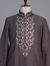 Dusty purple linen men embroidered kurta suit