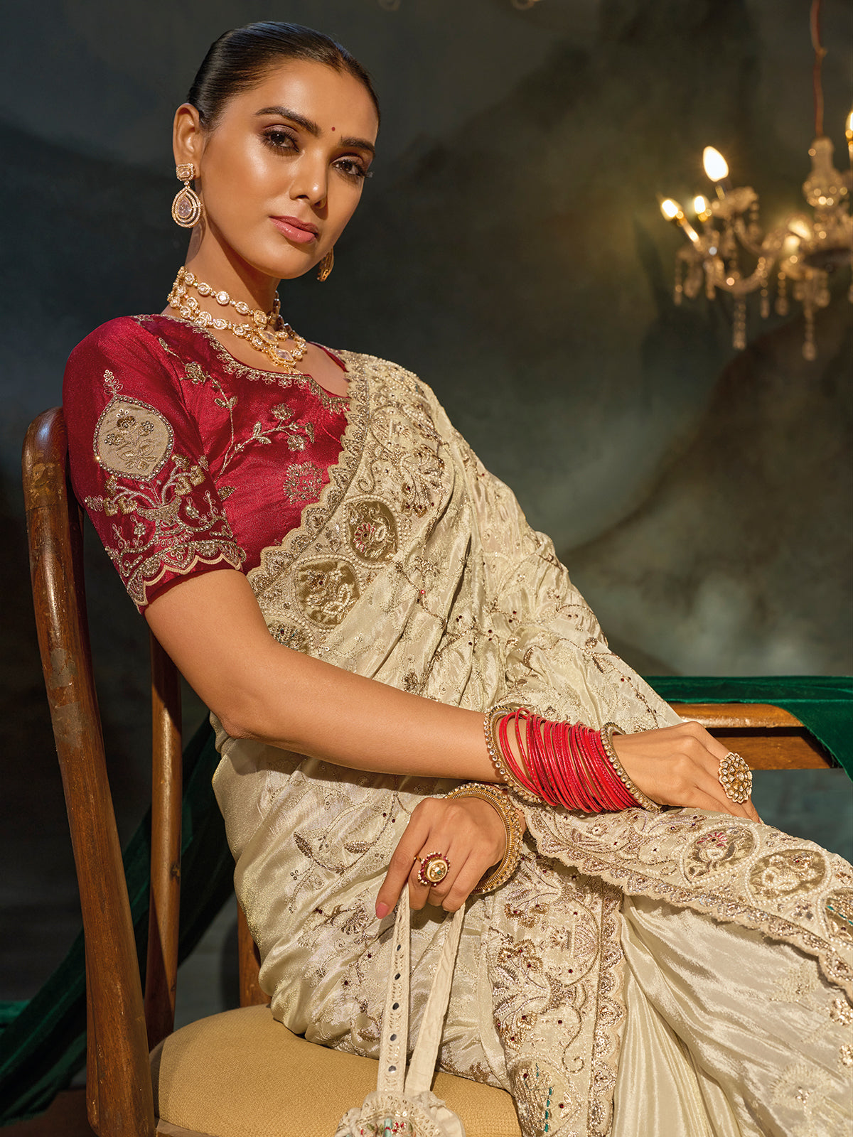 Cream kanjivaram women saree with red blouse
