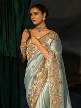 Mint blue madhurai silk women saree with mirror work