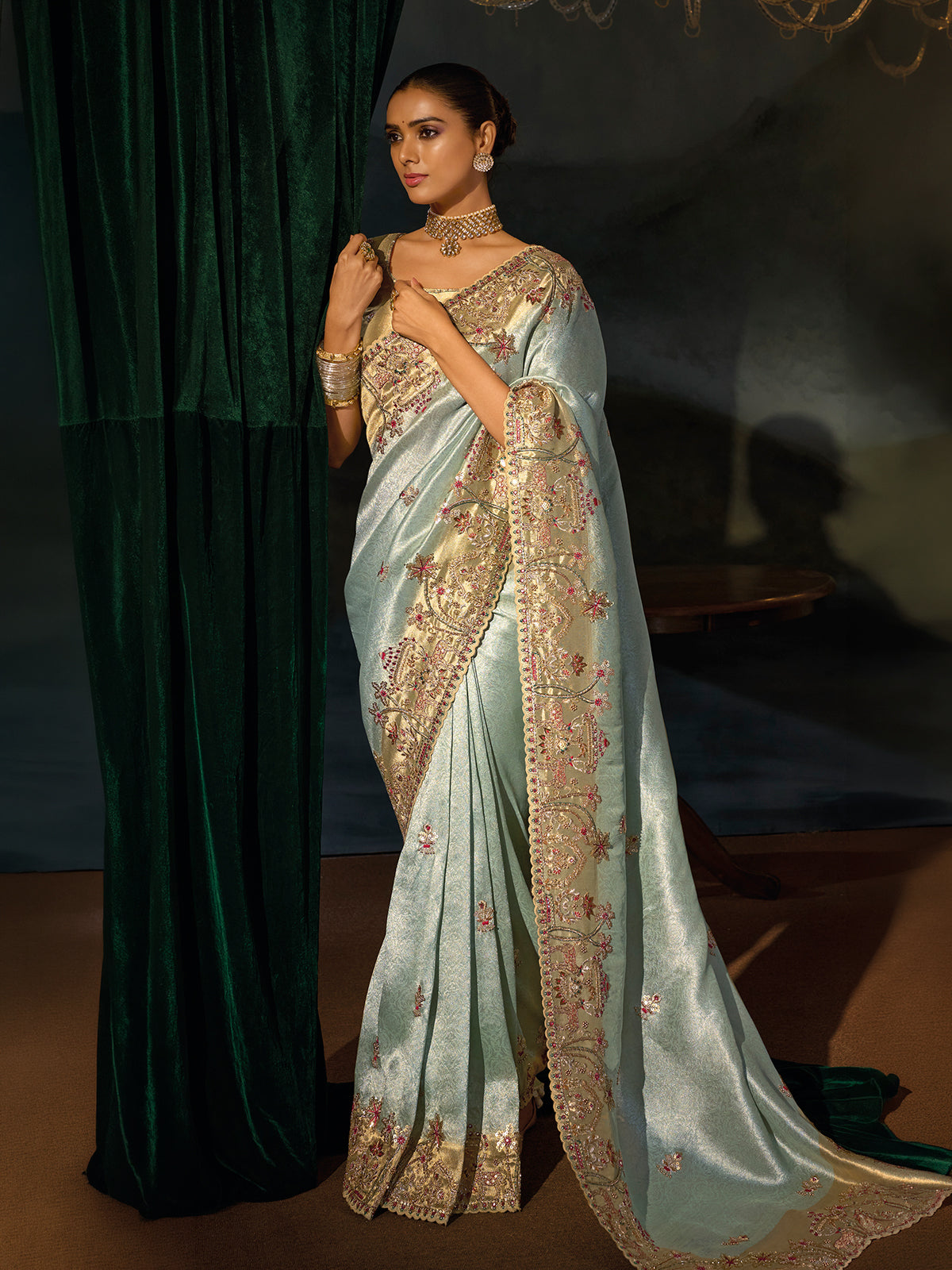Mint blue madhurai silk women saree with mirror work