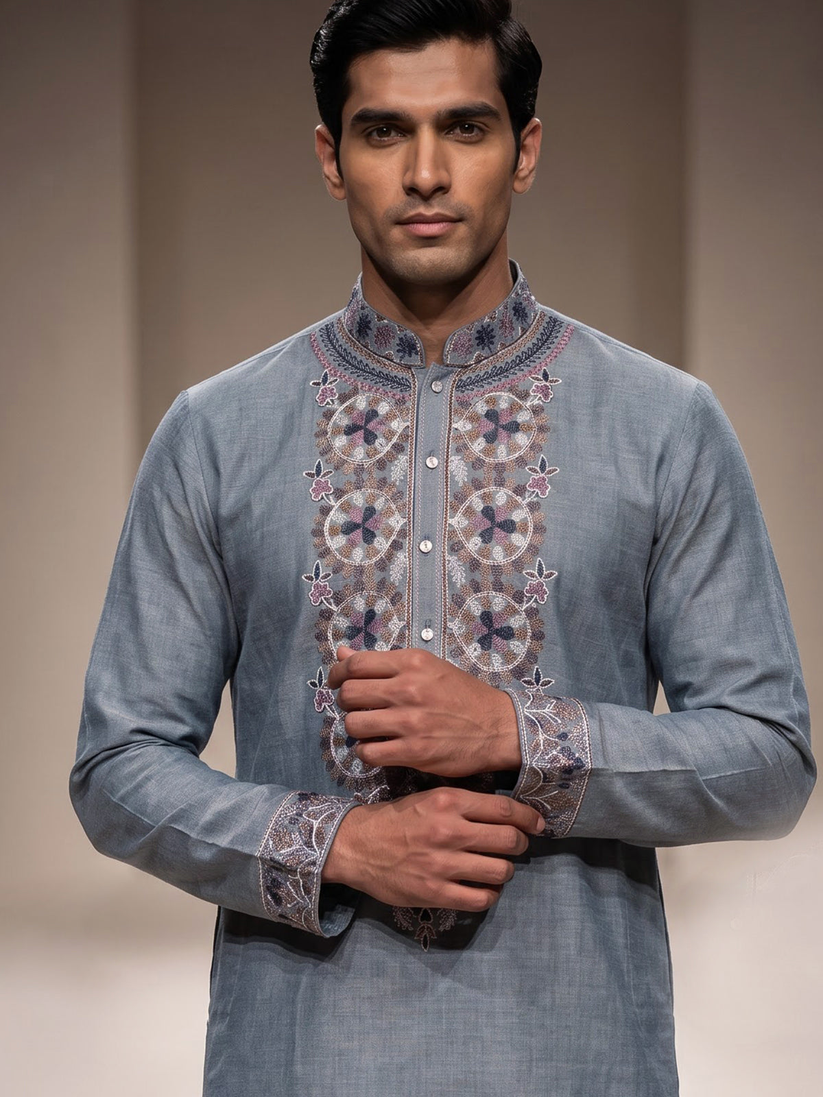 Grey linen men Kashmiri embroidered kurta suit