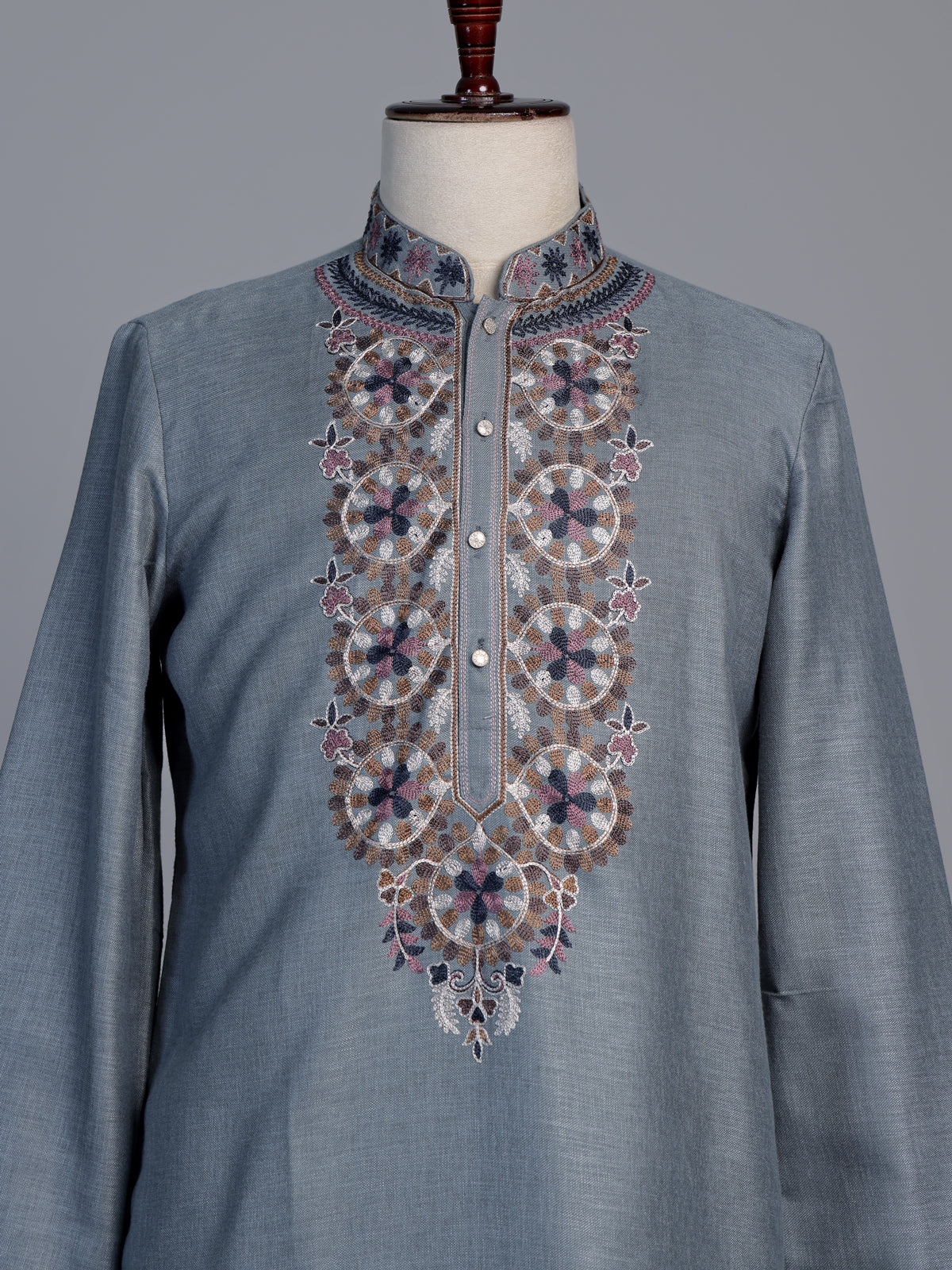 Grey linen men Kashmiri embroidered kurta suit