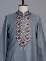 Grey linen men Kashmiri embroidered kurta suit