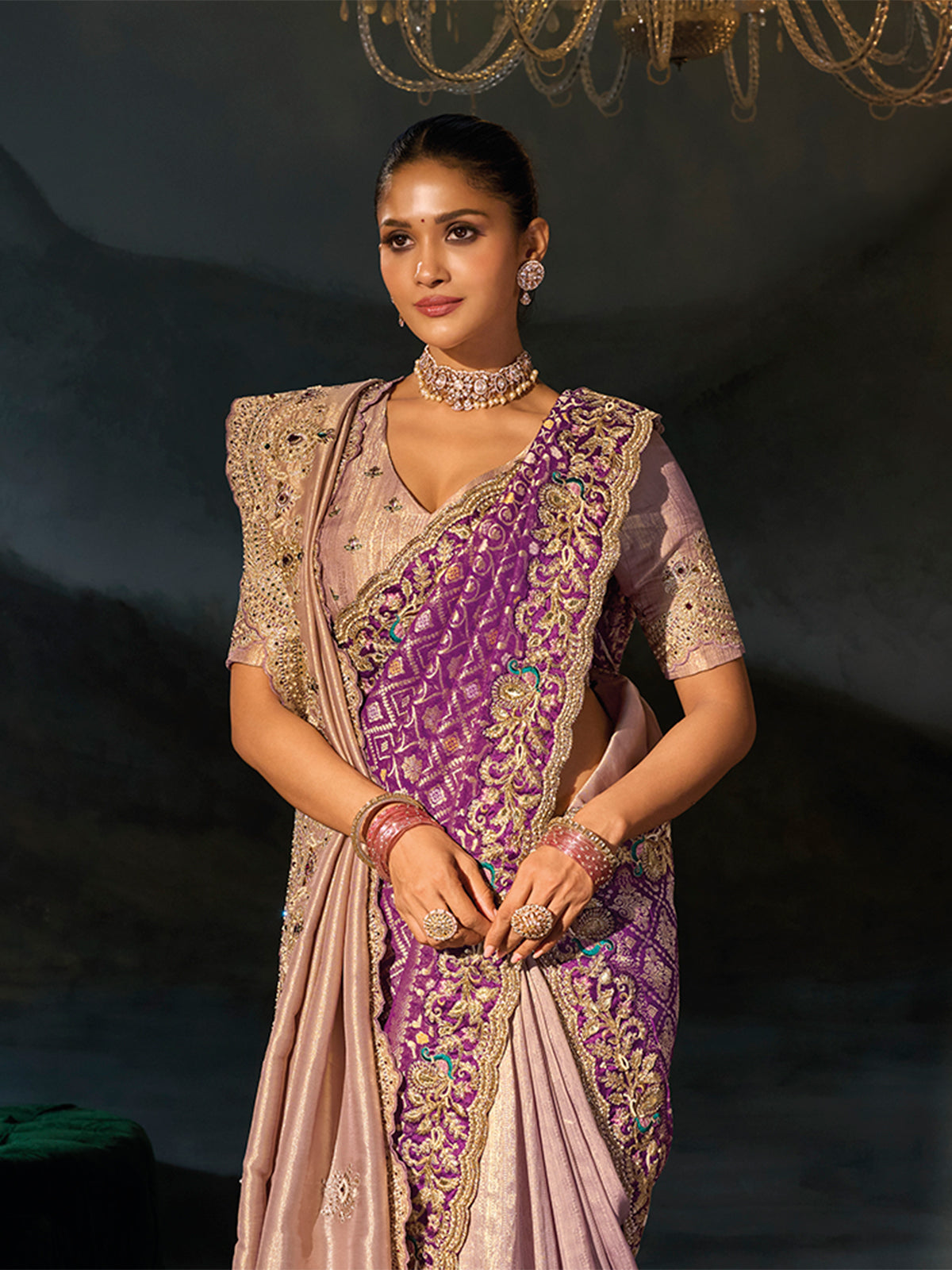 Lavender tanchoi silk women saree with purple dupatta
