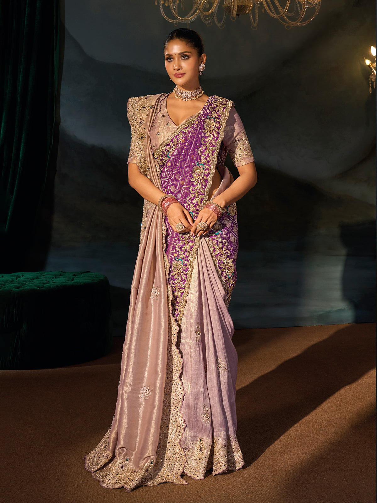 Lavender tanchoi silk women saree with purple dupatta