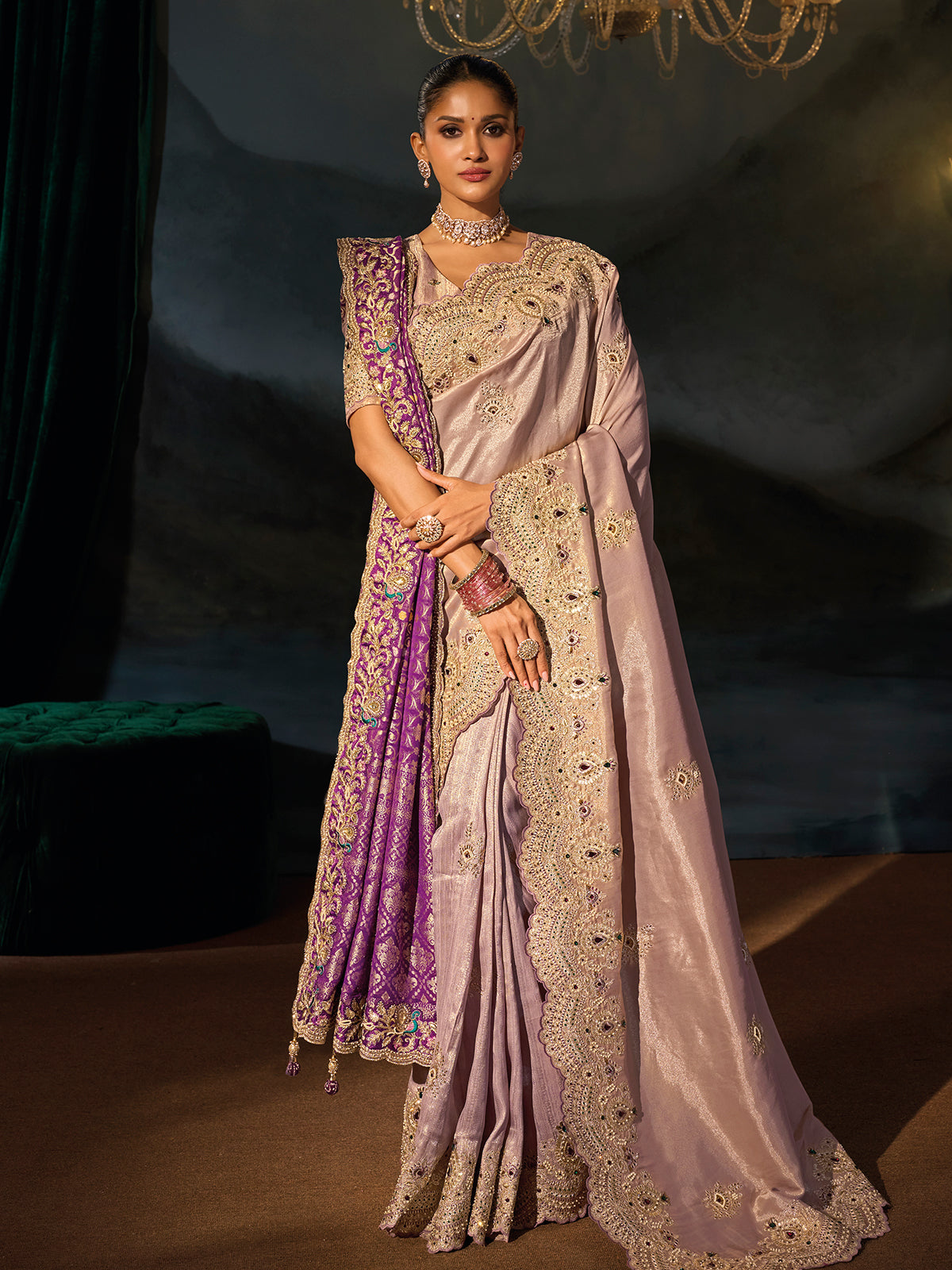 Lavender tanchoi silk women saree with purple dupatta