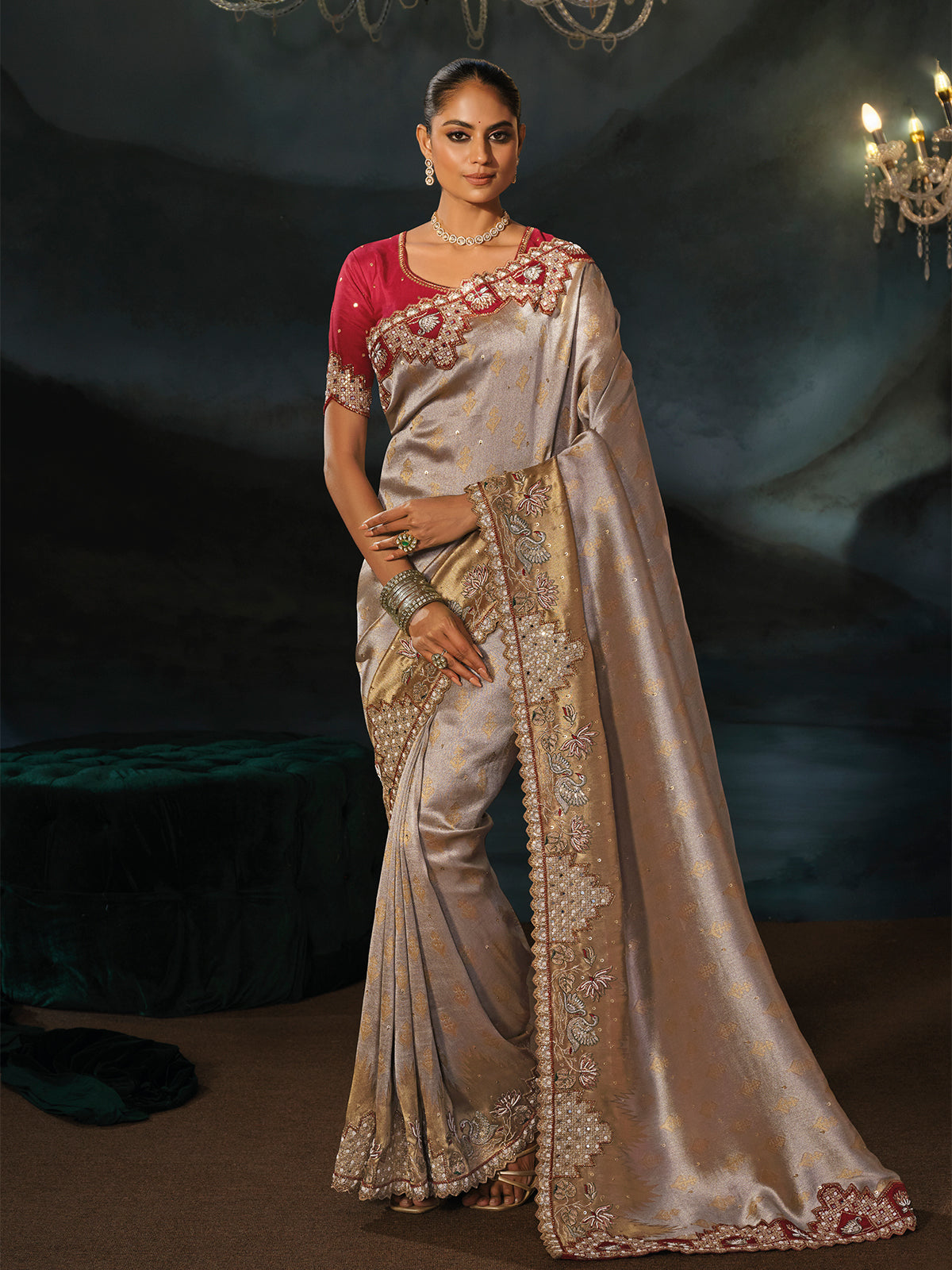 Silver gold tanchoi silk women saree with maroon blouse