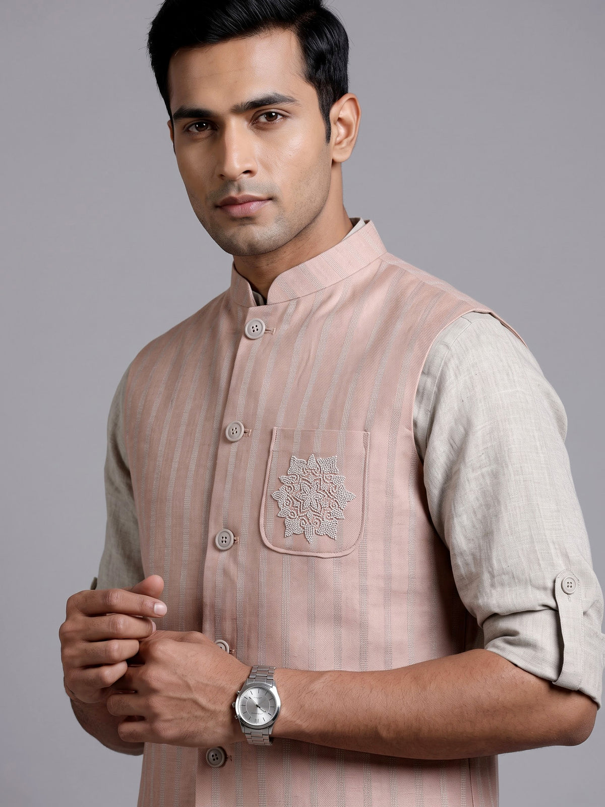 Dark peach artisanal bead embroidered men waistcoat