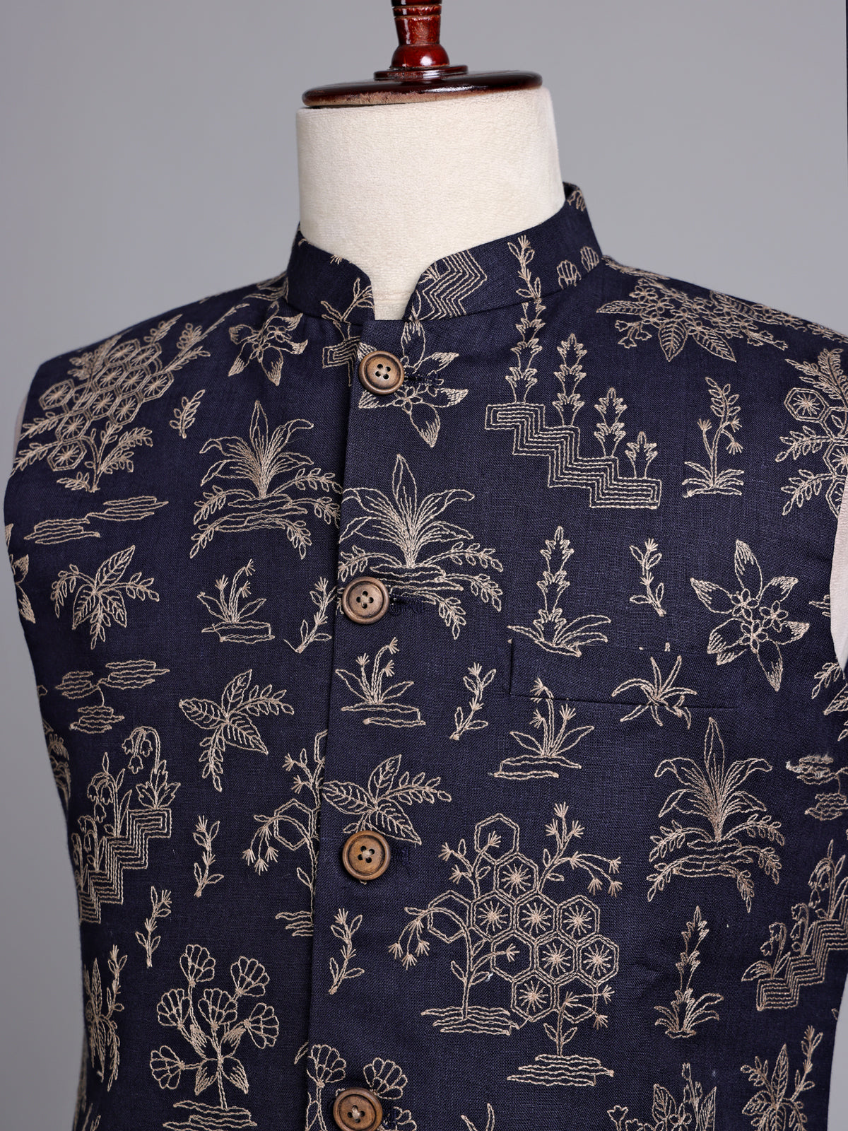 Navy blue artistic botanical embroidered men waistcoat