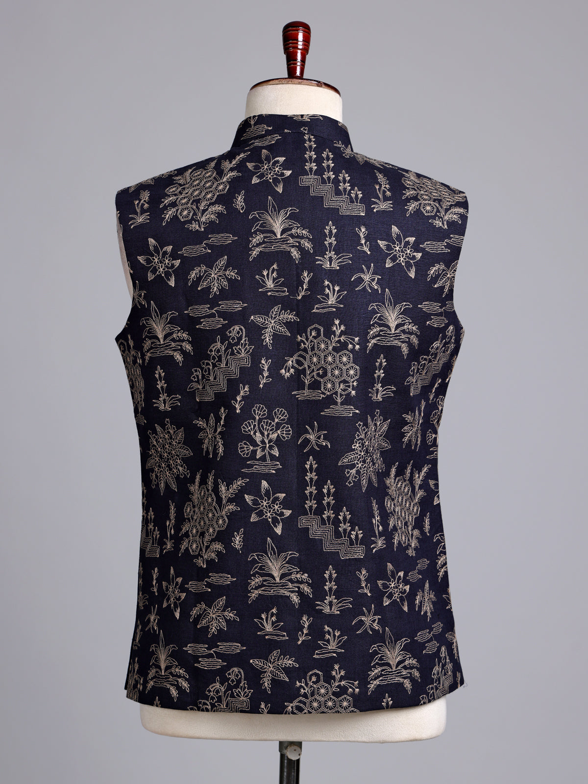 Navy blue artistic botanical embroidered men waistcoat