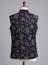 Navy blue artistic botanical embroidered men waistcoat