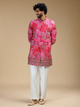 Hot pink art silk mens indo western with pichwai print