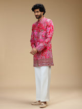 Hot pink art silk mens indo western with pichwai print