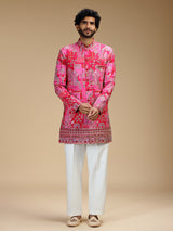 Hot pink art silk mens indo western with pichwai print