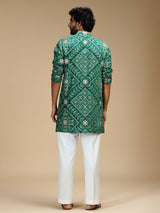 Green art silk mens kurta suit with bandhani print