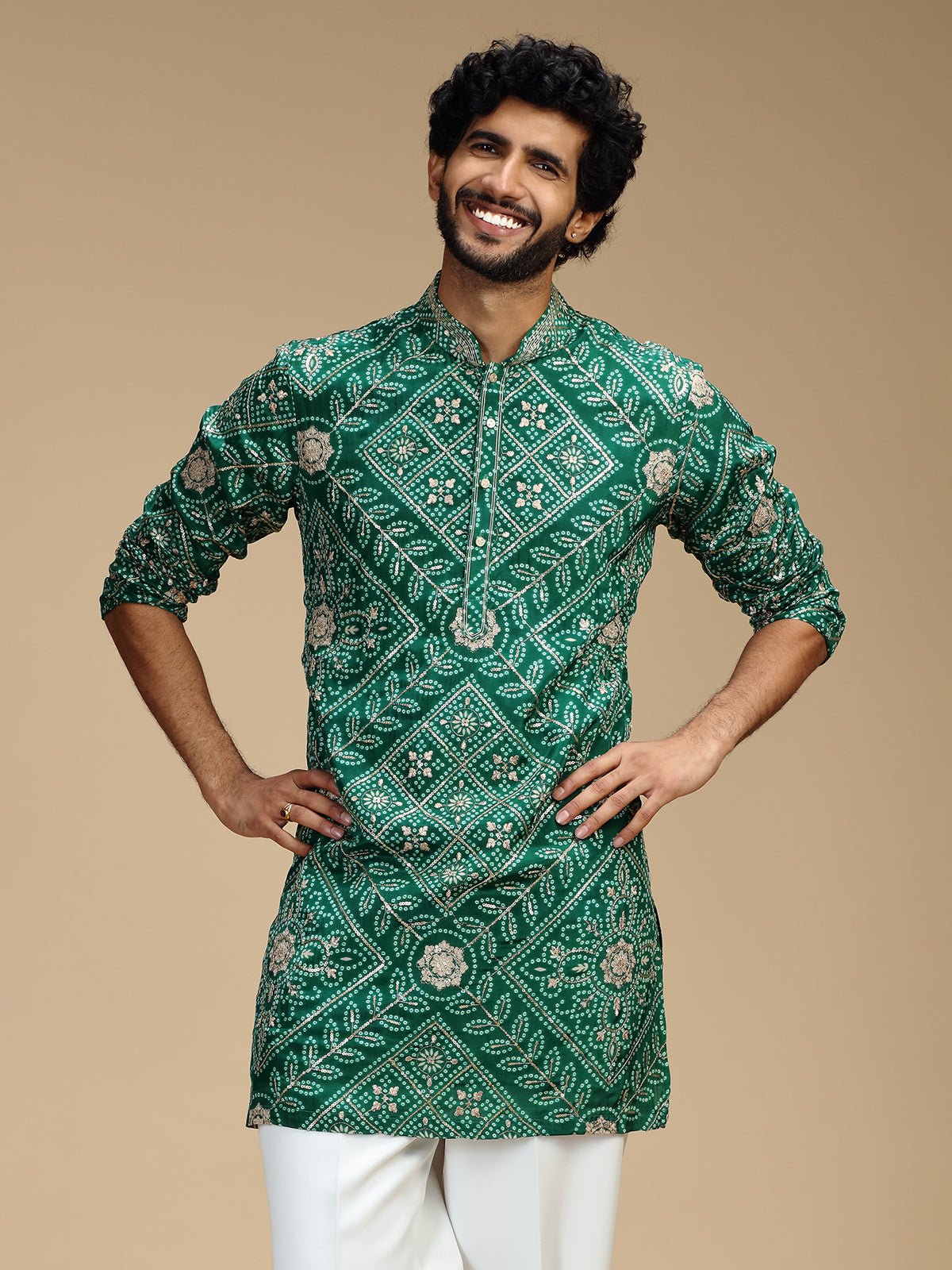 Green pure crepe mens kurta suit with bandhani print