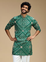 Green art silk mens kurta suit with bandhani print