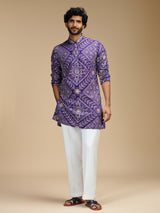 Purple pure crepe mens kurta suit with floral bandhani