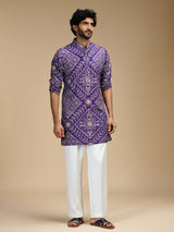 Purple pure crepe mens kurta suit with floral bandhani