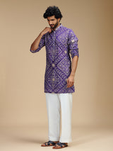 Purple pure crepe mens kurta suit with floral bandhani