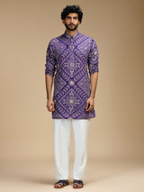 Purple pure crepe mens kurta suit with floral bandhani