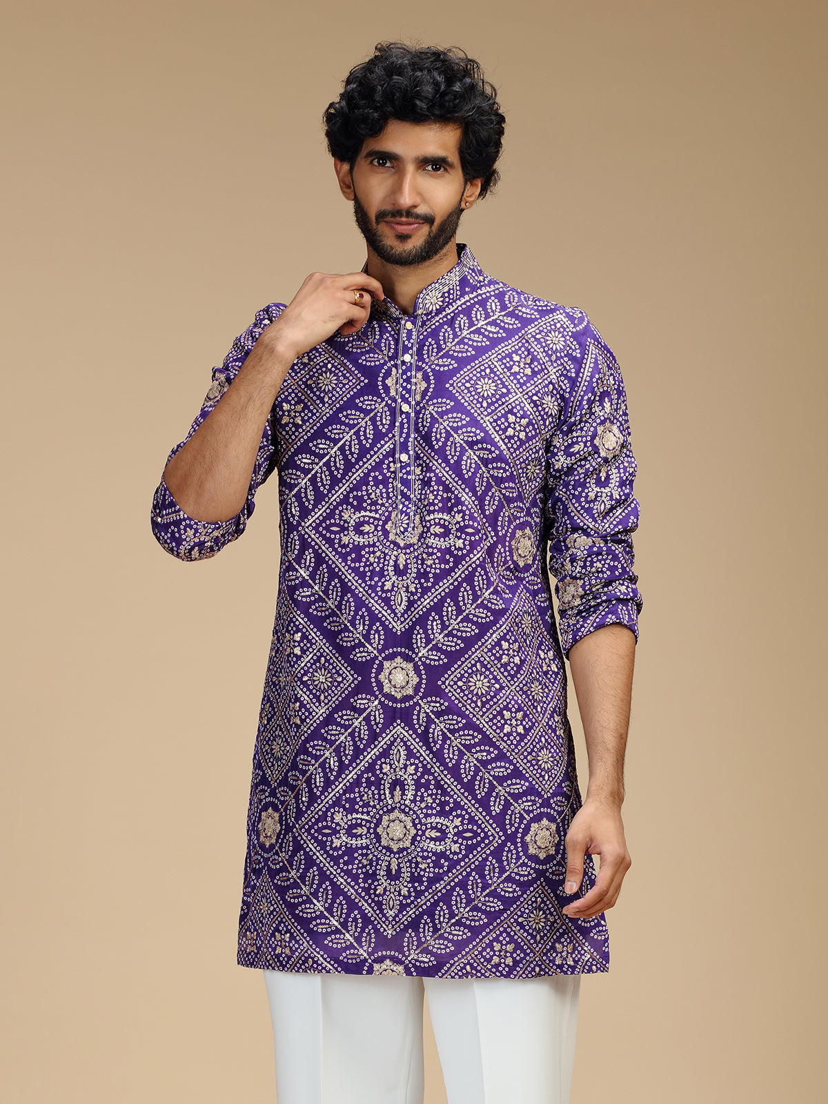 Purple pure crepe mens kurta suit with floral bandhani