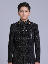 Black boys velvet indowestern set with brootch embellishments