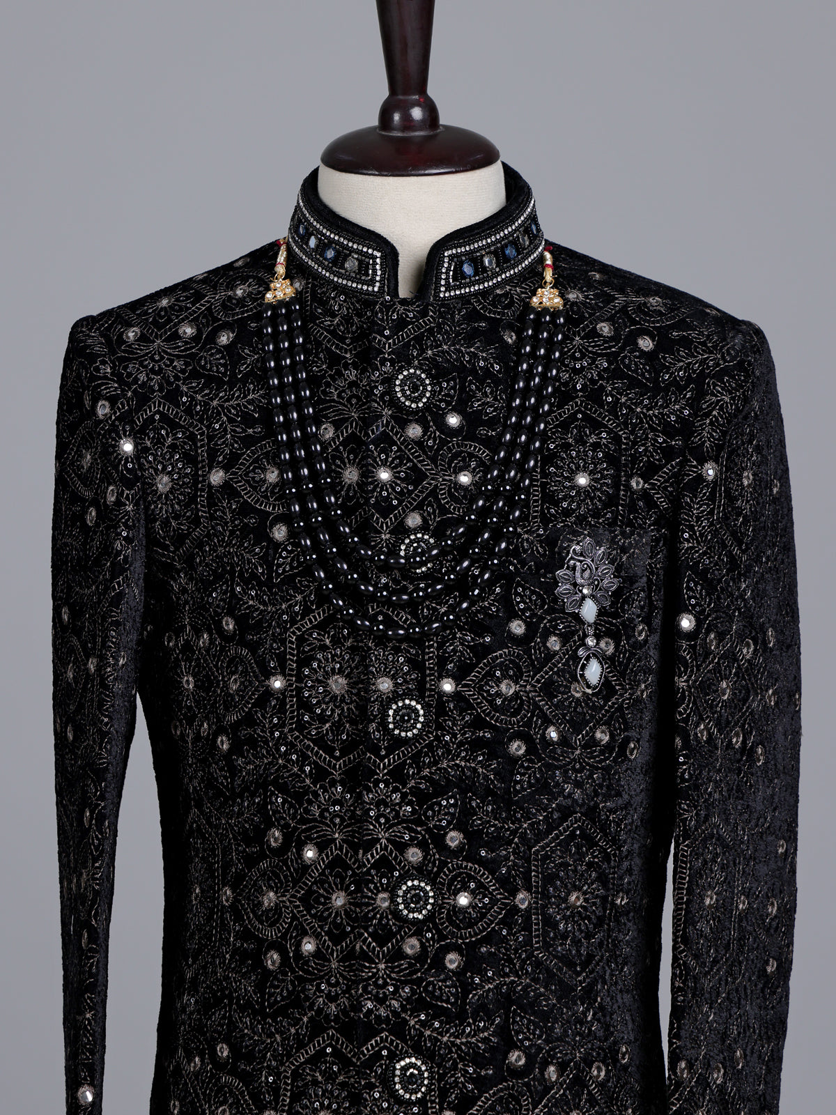 Black boys velvet indowestern set with brootch embellishments
