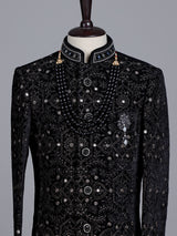 Black boys velvet indowestern set with brootch embellishments