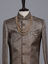 Pastel brown boys poly cotton indowestern set with brootch detailing