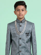 Teal blue boys poly cotton indowestern set with brootch detailing