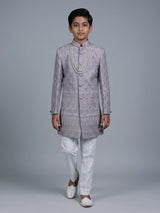 Lilac purple boys poly cotton indowestern set with stone embroidery