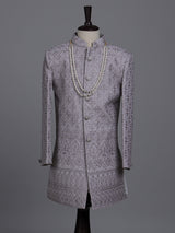 Lilac purple boys poly cotton indowestern set with stone embroidery