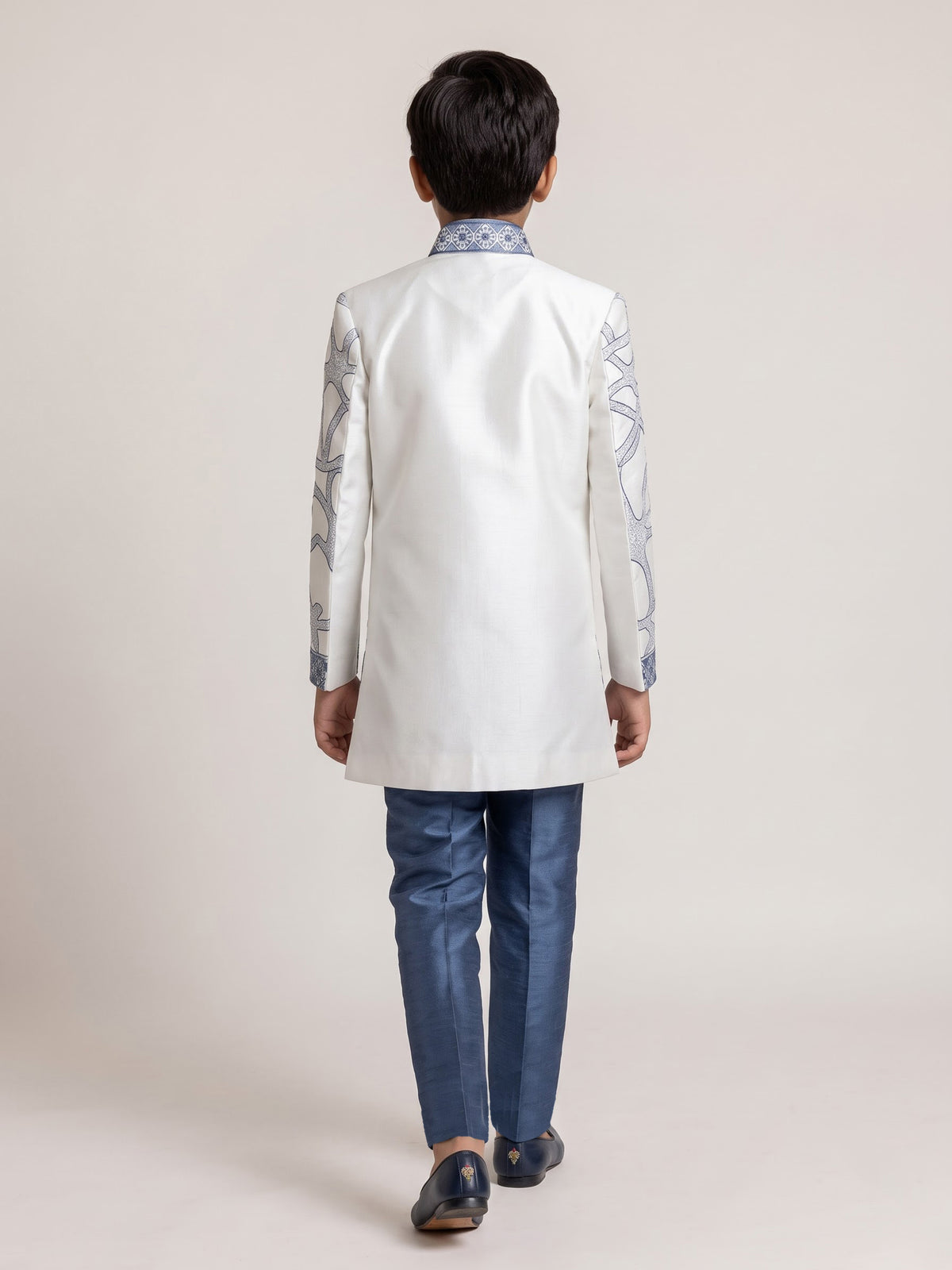 White and stone blue boys silk blend indowestern set with embroidery