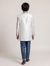 White and stone blue boys silk blend indowestern set with embroidery