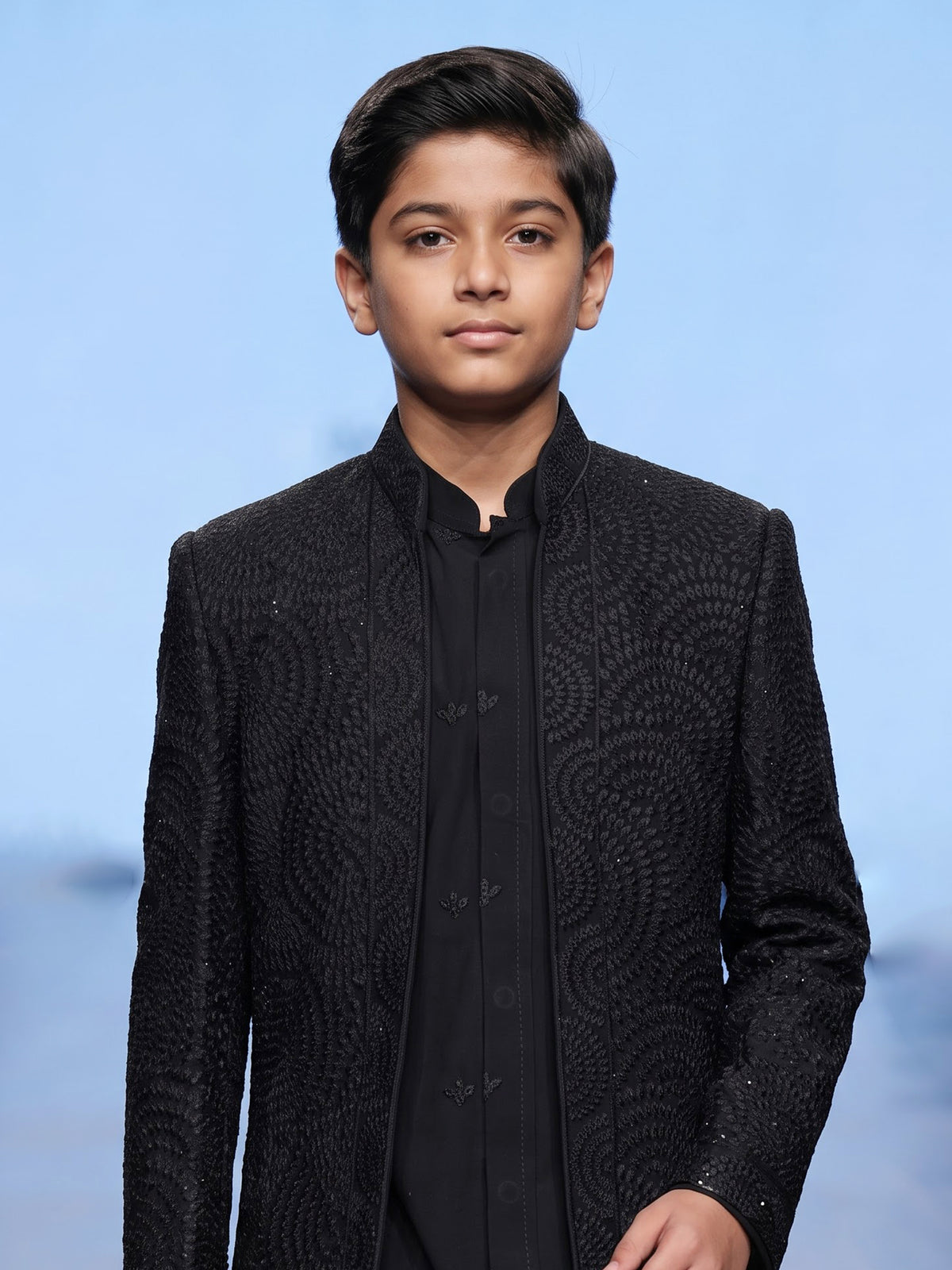 Black boys georgette silk indowestern set with long jacket