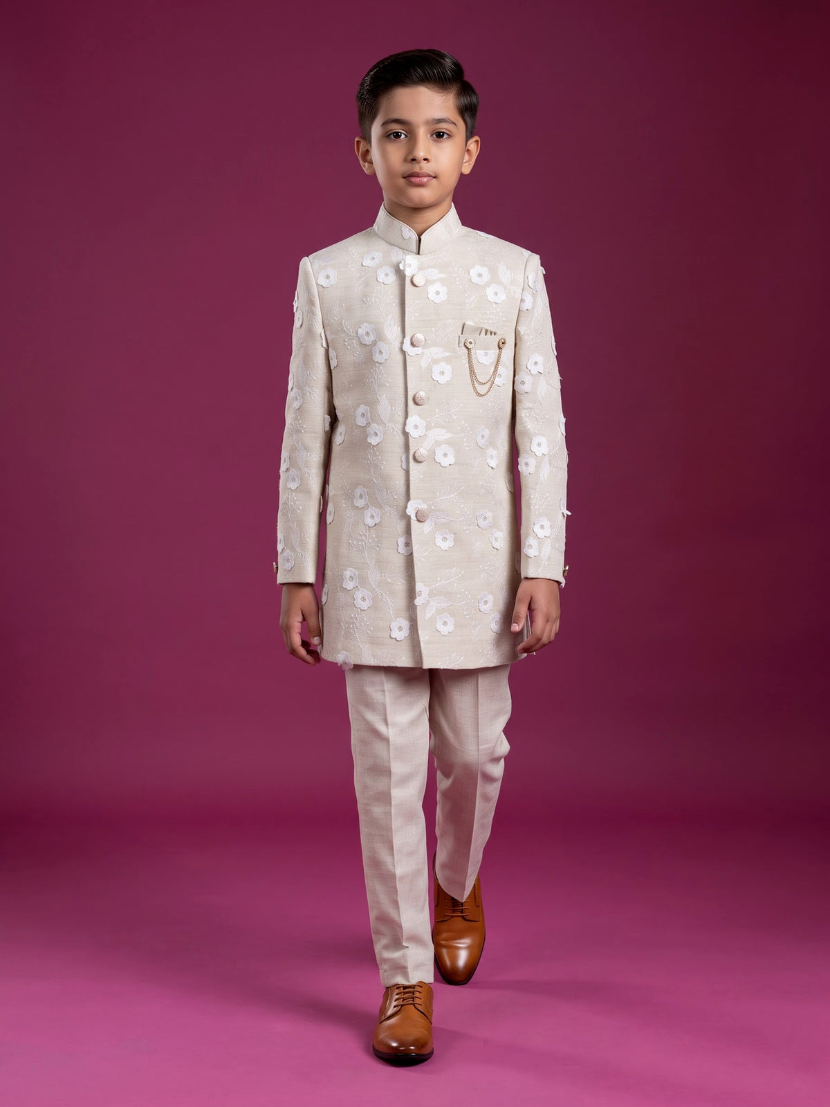 Cream boys linen indowestern set with elegant floral threadwork