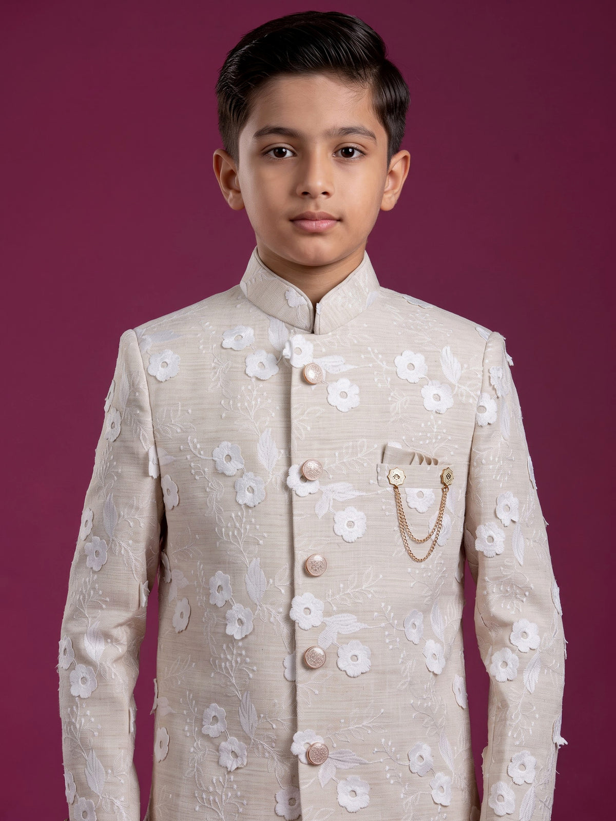 Cream boys linen indowestern set with elegant floral threadwork