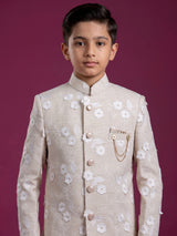 Cream boys linen indowestern set with elegant floral threadwork